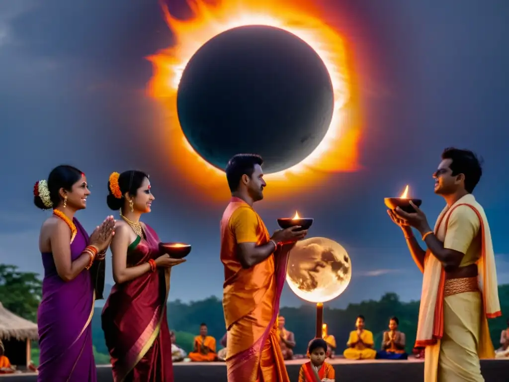 Devotos hindúes realizan un ritual durante un eclipse solar, con atuendos vibrantes y una atmósfera mística