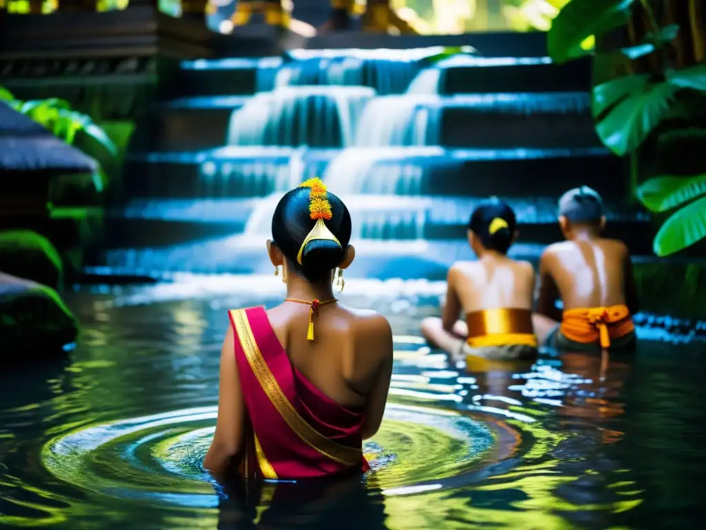 Devotos hindúes en Bali participando en el ritual de purificación Tirta Empul