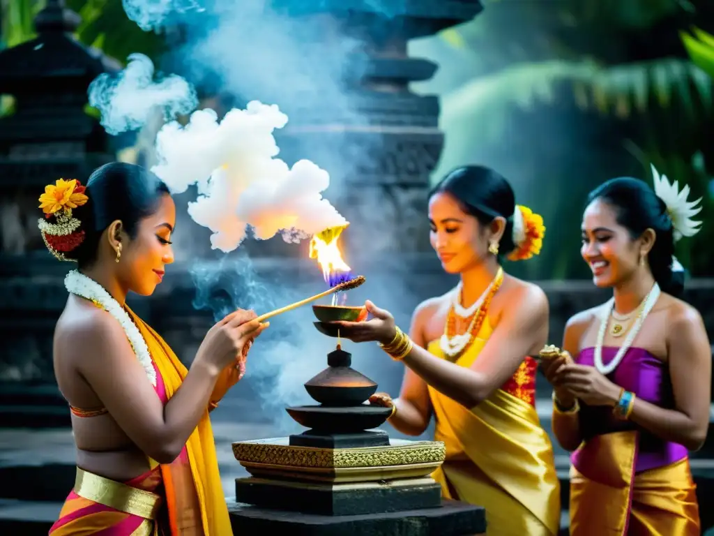 Devotos hindúes en Bali realizando rituales sagrados en un templo