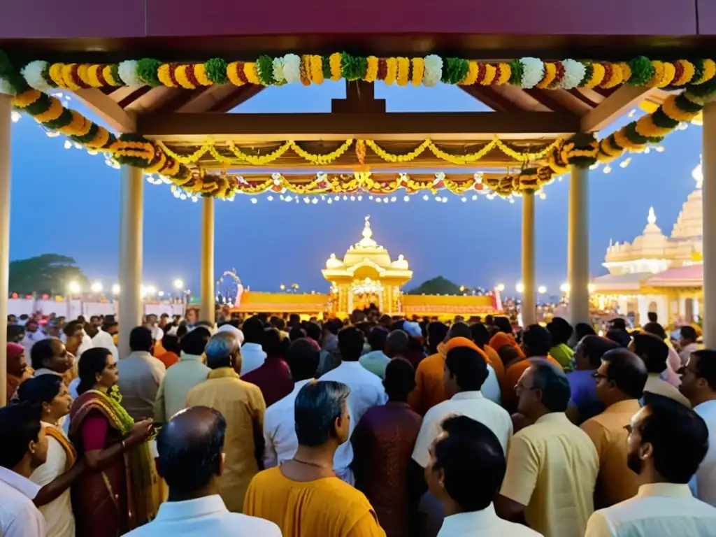 Devotos hindúes celebran rituales de Janmashtami en templo bellamente decorado, creando una escena culturalmente rica