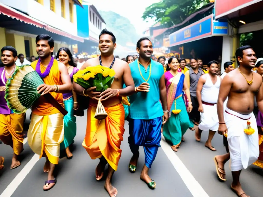 Devotos hindúes en el vibrante Festival Thaipusam, con kavadis adornados, músicos y las majestuosas Cuevas Batu al fondo