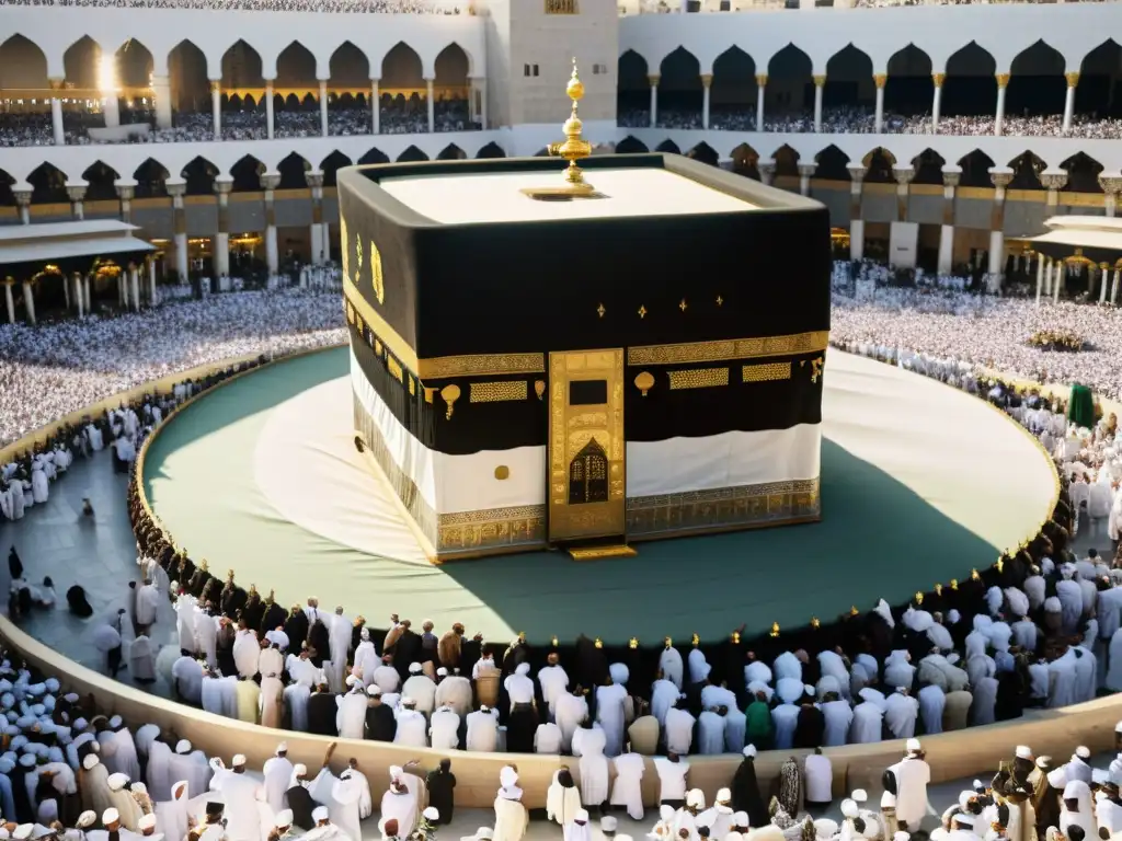 Devotos musulmanes realizando el Rito Tawaf siete vueltas Kaaba, con expresiones fervientes y atuendos tradicionales, en la Mezquita de La Meca