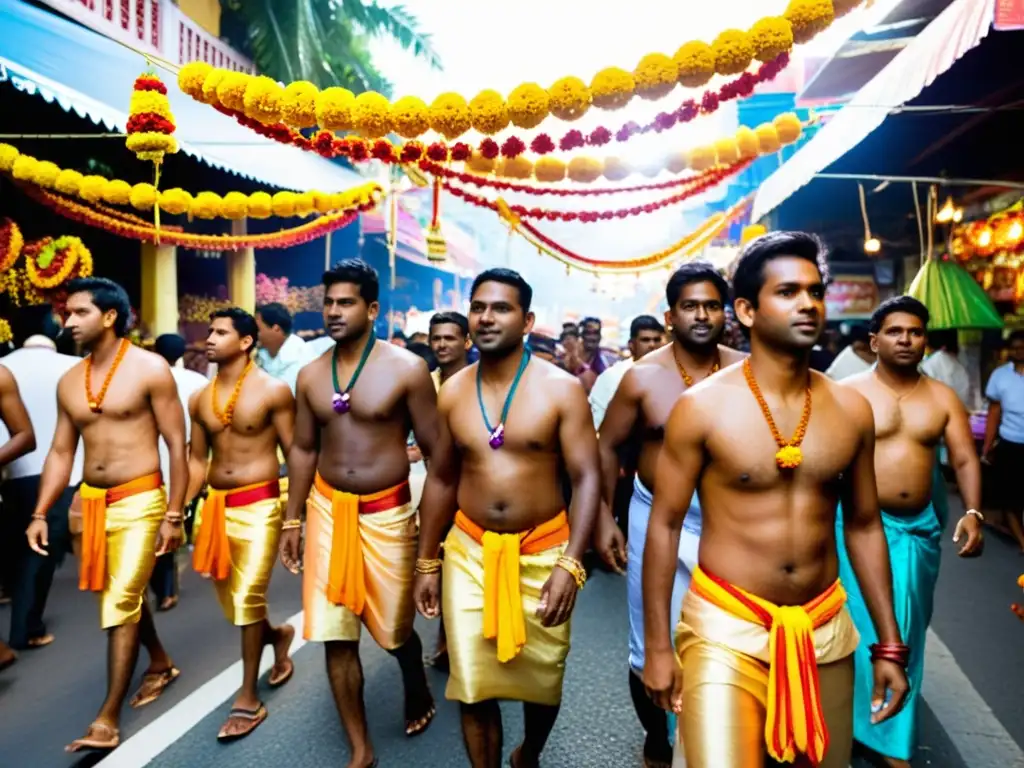 Devotos con kavadi y ofrendas participan en el festival Thaipusam mientras la luz dorada del atardecer baña la escena, creando una atmósfera de celebración y espiritualidad