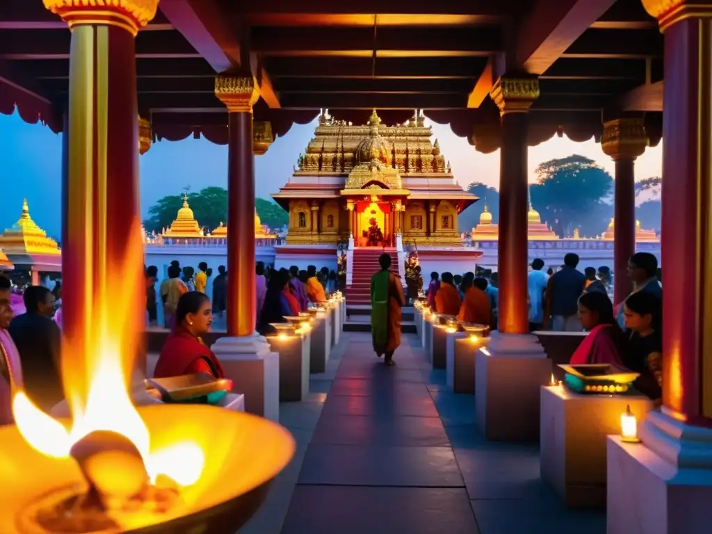 Devotos realizando el ritual Aarti al atardecer en un templo hindú, con una atmósfera espiritual y emocionante