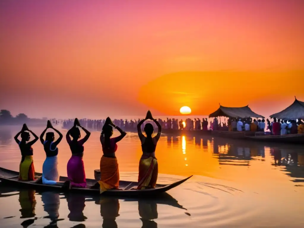 Devotos realizan el ritual Chhath Puja al amanecer sobre un río, adorando al sol