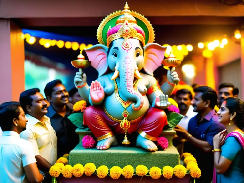 Devotos celebran el ritual del Ganesh Chaturthi, ofreciendo guirnaldas florales al idol de Lord Ganesh, en una escena de devoción y tradición cultural