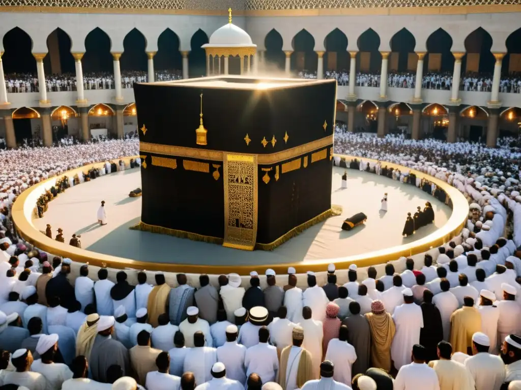 Devotos en el Ritual de la Piedra Negra en el Haram de Meca, bañados por la luz dorada del atardecer