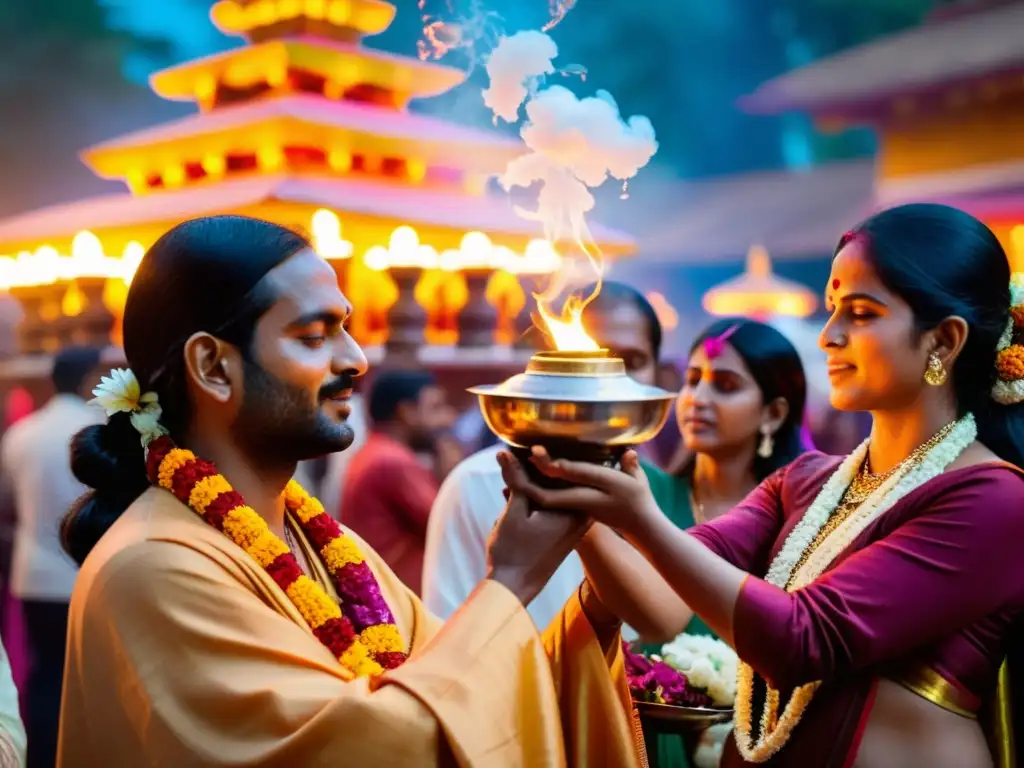 Devotos realizan rituales místicos de Maha Shivaratri en templo decorado con flores y lámparas, creando ambiente místico