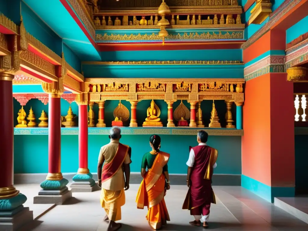 Devotos realizan rituales en el Templo de Ratones en hinduismo, con colores vibrantes y esculturas detalladas