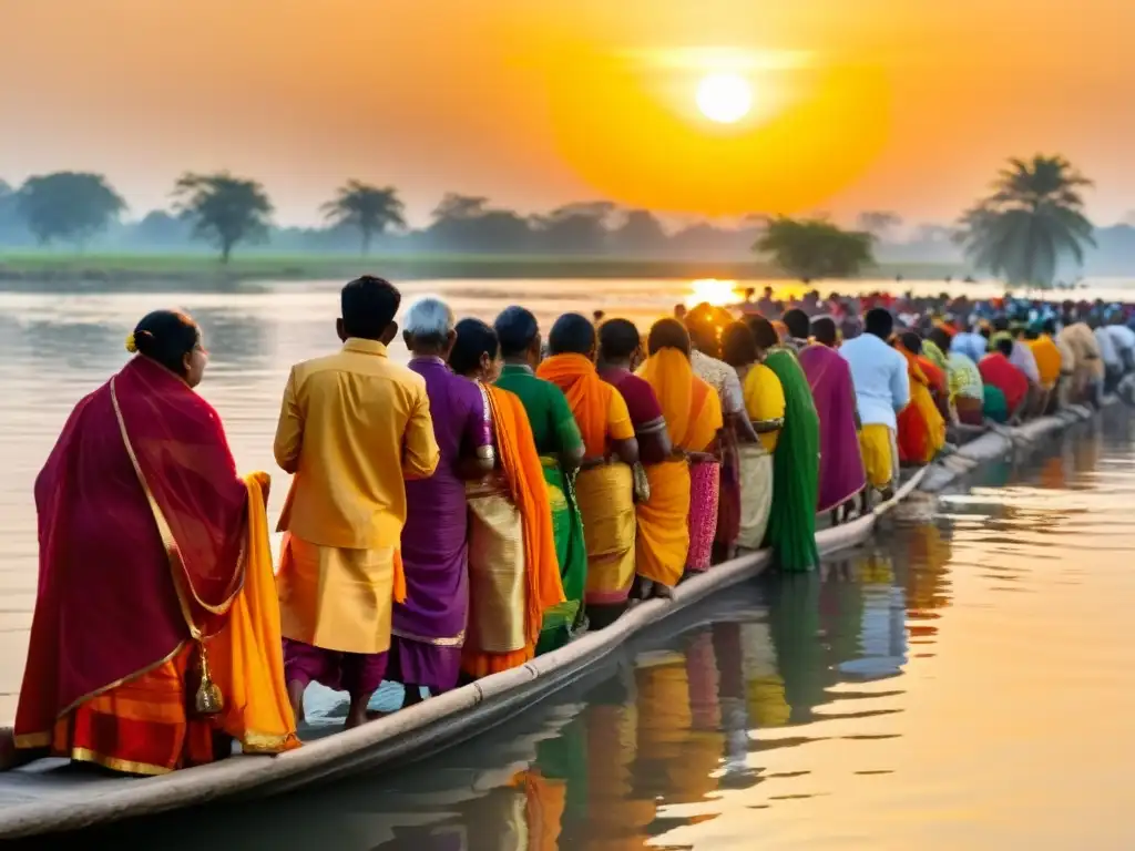 Devotos adorando al sol durante el festival Chhath Puja, reflejando la importancia de la adoración solar en la tradición