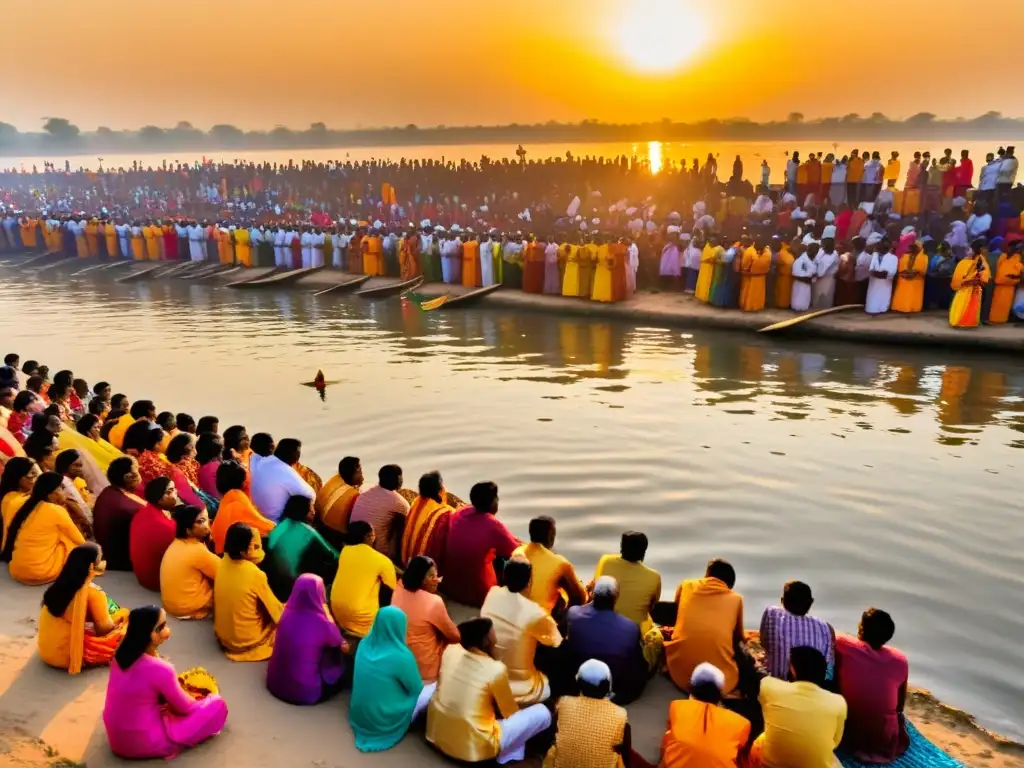 Devotos adorando al sol durante el festival Chhath Puja en la orilla del río al amanecer