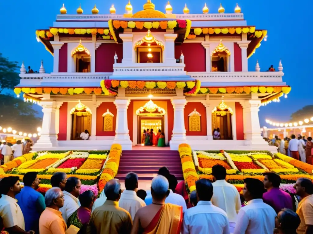 Devotos en un templo hindú durante los rituales de Janmashtami, celebrando el nacimiento de Lord Krishna en culturas