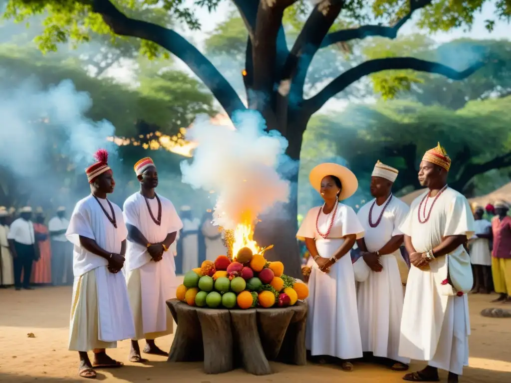 Devotos Yoruba realizan ritual bajo un árbol, ofreciendo frutas y flores a la deidad Orisha en un ambiente místico y sereno