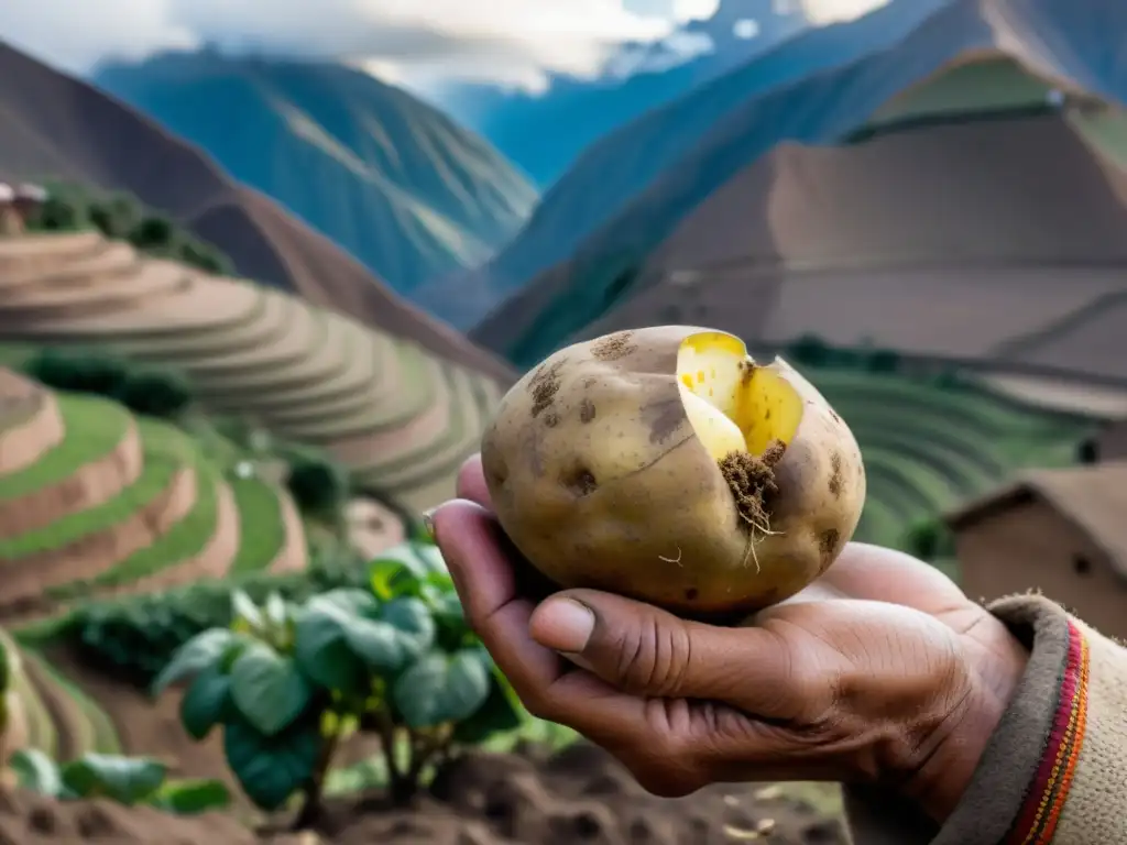 Día de la Papa en los Andes: Un agricultor andino sostiene con cuidado una papa recién cosechada en el escarpado terreno montañoso, mientras la luz dorada del atardecer realza la escena y la conexión con la tierra