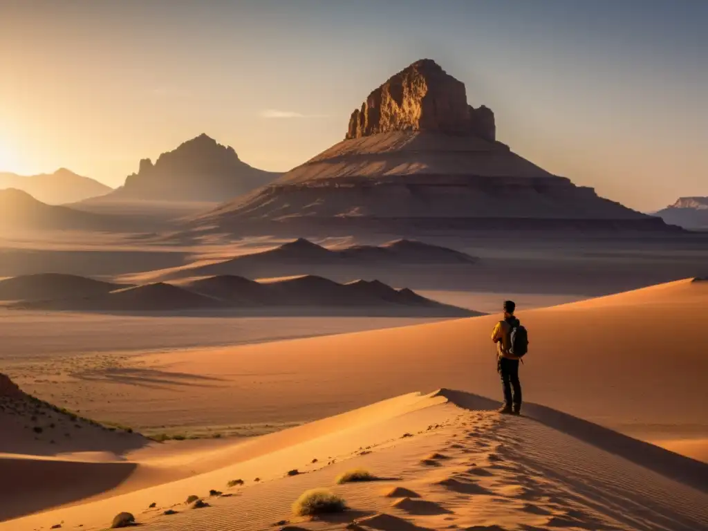 Día de Arafat: Importancia espiritual en el desierto, con una figura solitaria en oración bajo el sol dorado y montaña majestuosa al fondo