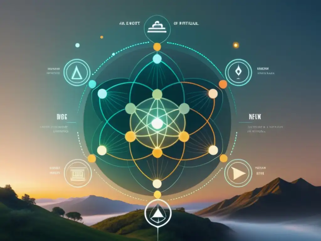 Diagrama de red neural algorítmica con nodos conectados, simbolizando la creación de rituales personalizados mediante inteligencia artificial