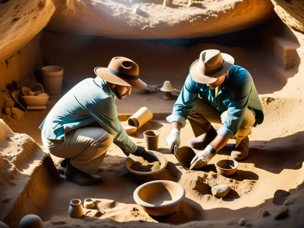 Digitalización de rituales antiguos: equipo de arqueólogos excavando con cuidado artefactos antiguos, destacando su preservación y detalles