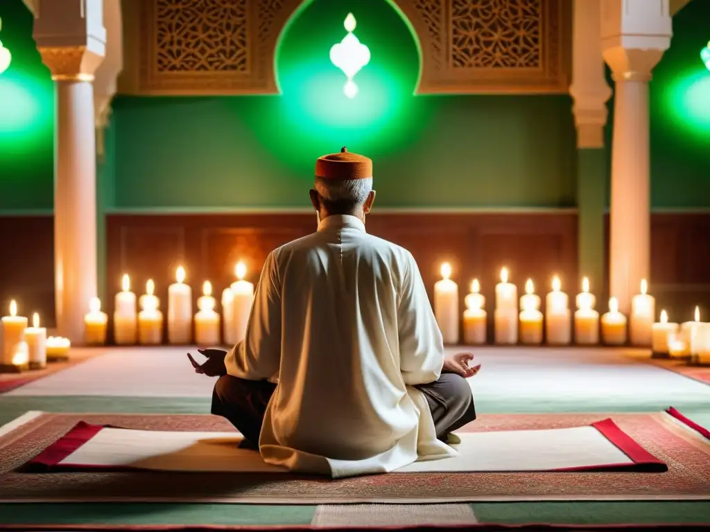 Práctica Sufí de Recordar a Dios: Imagen serena de un practicante inmerso en la espiritualidad, rodeado de luz tenue