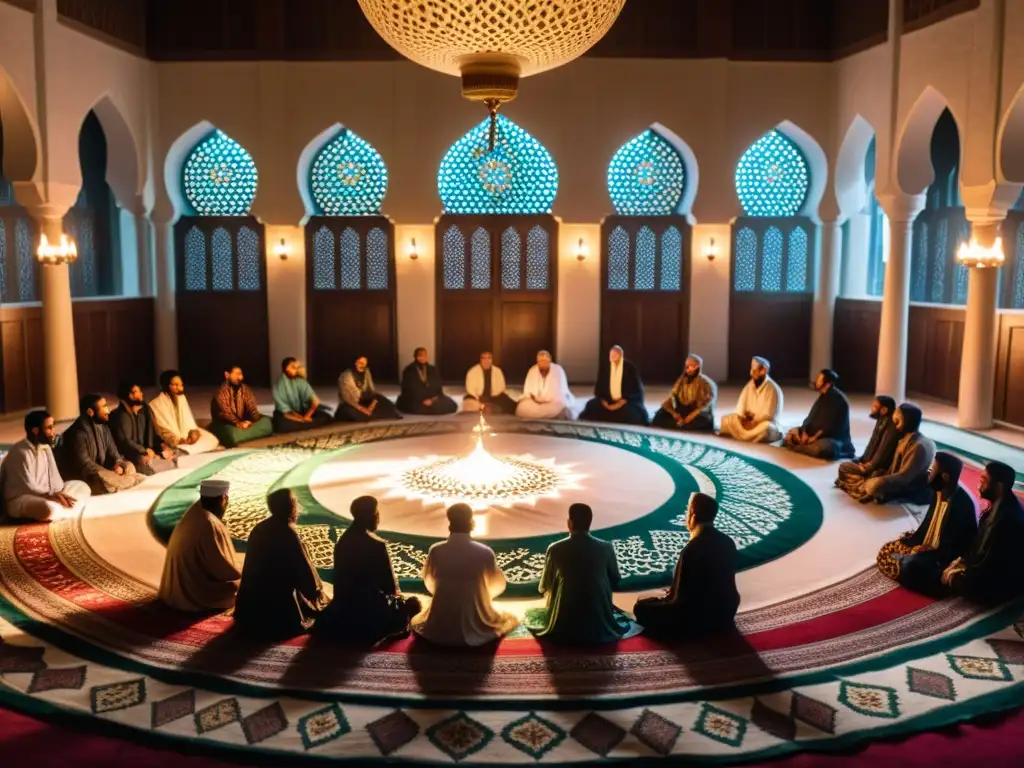 Práctica Sufí de Recordar a Dios en una mezquita iluminada por luz tenue, con hombres y mujeres en círculo en alfombras ornamentadas