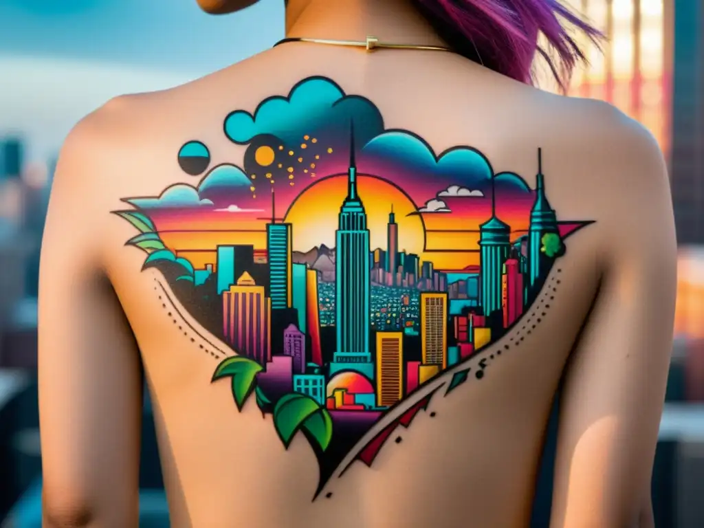 Un diseño de tatuaje flash urbano con una ciudad vibrante y colorida, lleno de detalles y cultura urbana