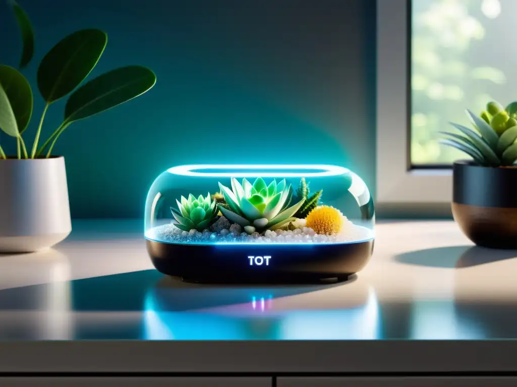 Un dispositivo IoT moderno y elegante irradia una suave luz en un espacio sereno y equilibrado, rodeado de cristales, plantas y elementos naturales