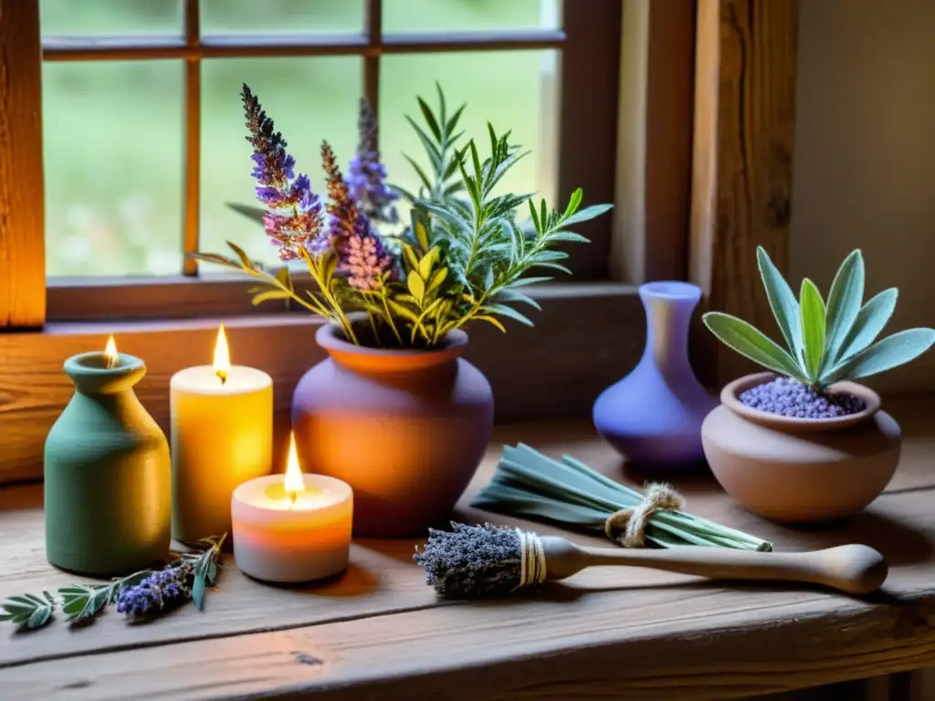 Dispositivos y herramientas rituales de fertilidad en mesa de madera con velas, hierbas y cerámica