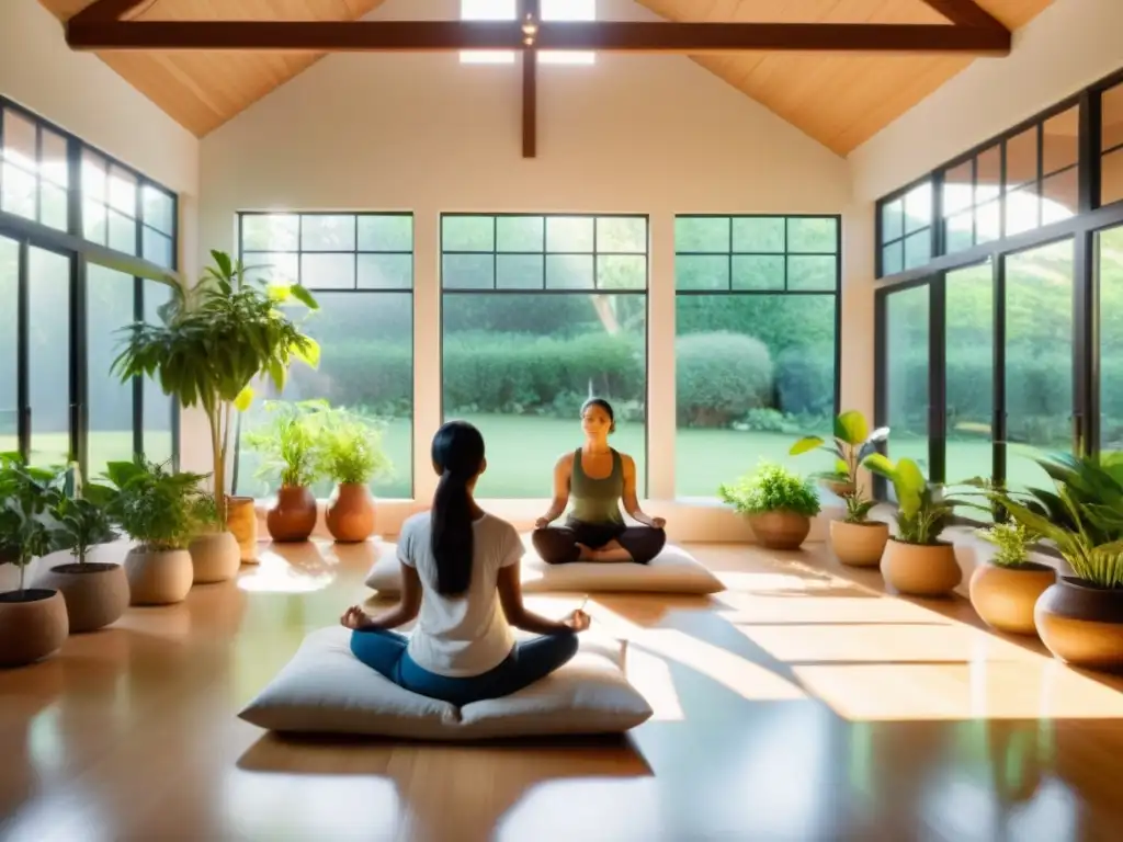 Diverso grupo medita en habitación tranquila con vistas al jardín, promoviendo relajación y mindfulness con las mejores apps de meditación guiada