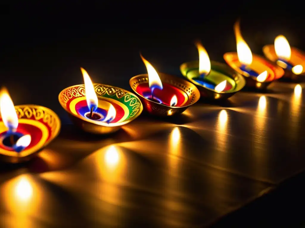 Diyas decoradas simbolizan el significado espiritual de Diwali con sus colores vibrantes y diseños intrincados, iluminados por cálidas llamas doradas