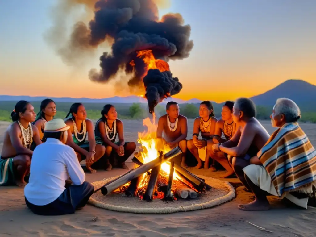 Documentación de rituales ancestrales: ceremonia alrededor de la fogata al atardecer, con atuendos tradicionales y ambiente de sabiduría cultural