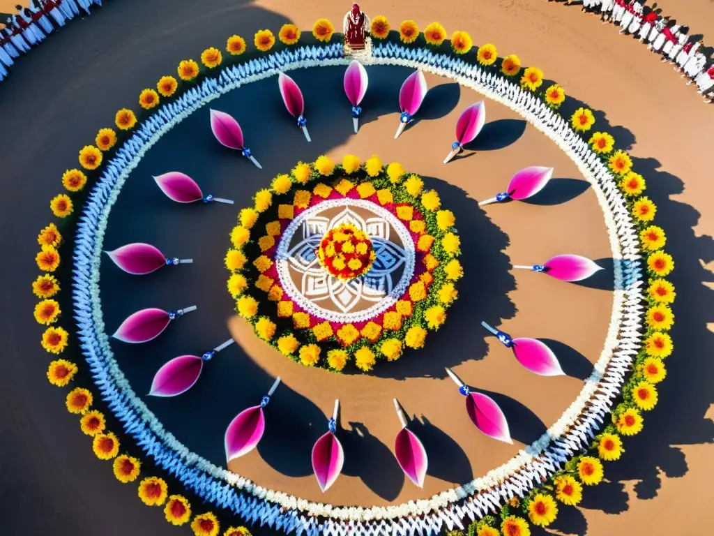 Documentación de rituales con drones: Impresionante vista aérea de un ritual multitudinario con danzas ceremoniales y diseños florales vibrantes