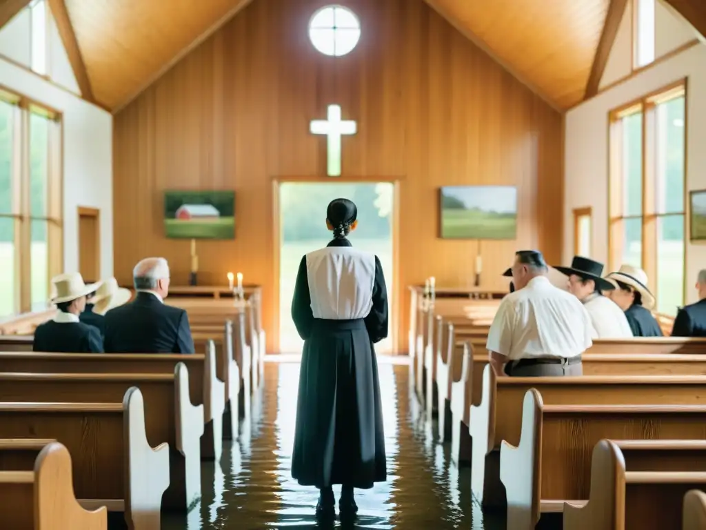 Una fotografía documental de alta resolución que captura la atmósfera serena y solemne de un bautismo Amish en una iglesia de madera tradicional