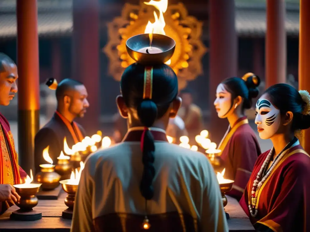 Una fotografía documental de alta resolución que captura un ritual sagrado en un templo decorado con velas, incienso y máscaras