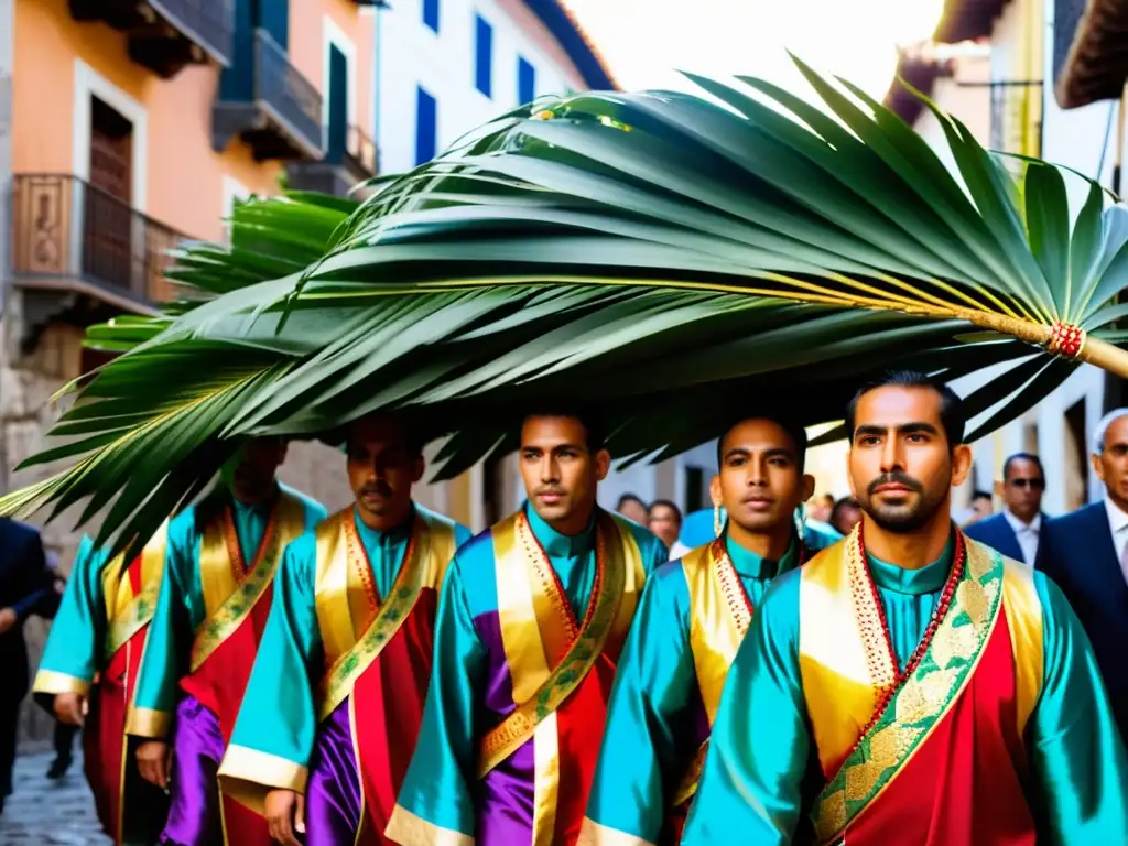 Procesión de Domingo de Ramos con personas llevando palmas, reflejando el significado del rito de las Palmas y la atmósfera espiritual de Semana Santa