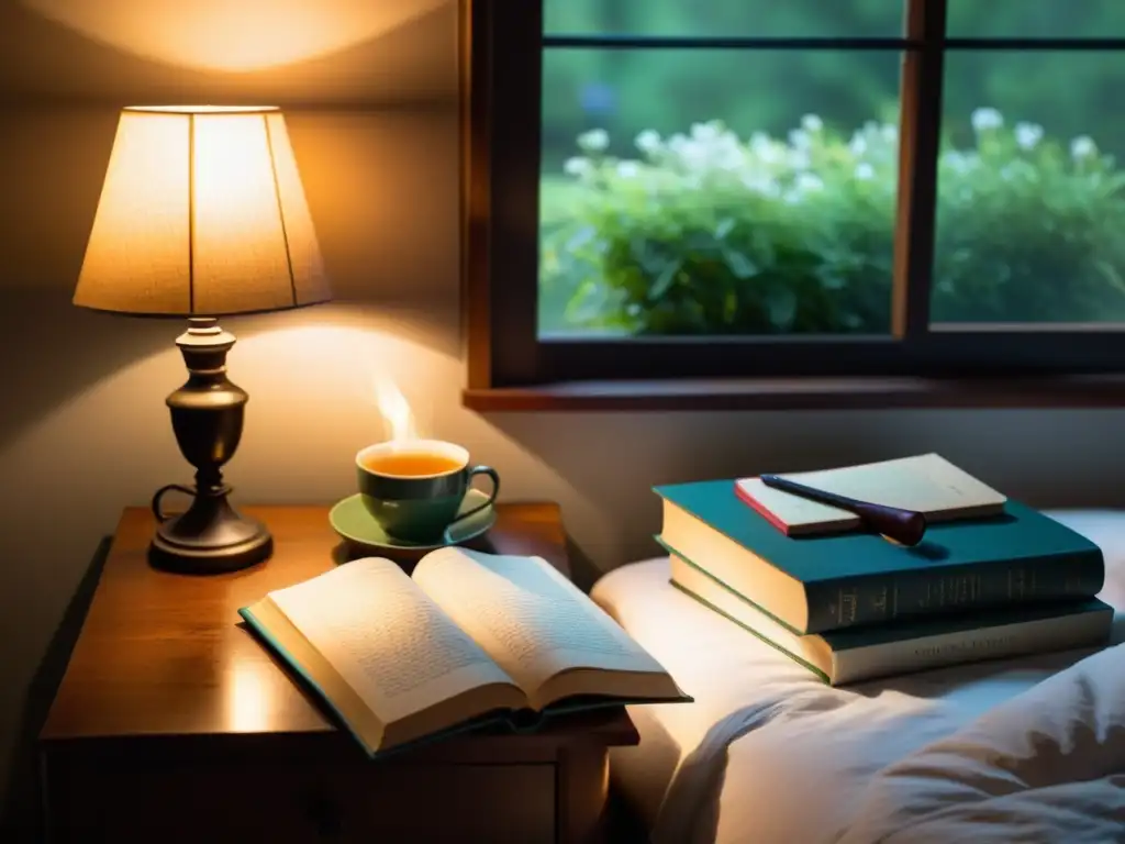 Un dormitorio tranquilo con luz tenue, libros, té y pantuflas, evocando rituales nocturnos para promover el descanso