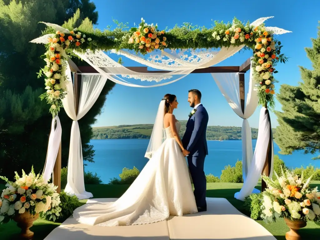 Un dosel nupcial en una boda judía, con encaje y flores vibrantes, bañado por la cálida luz del sol entre la exuberante naturaleza