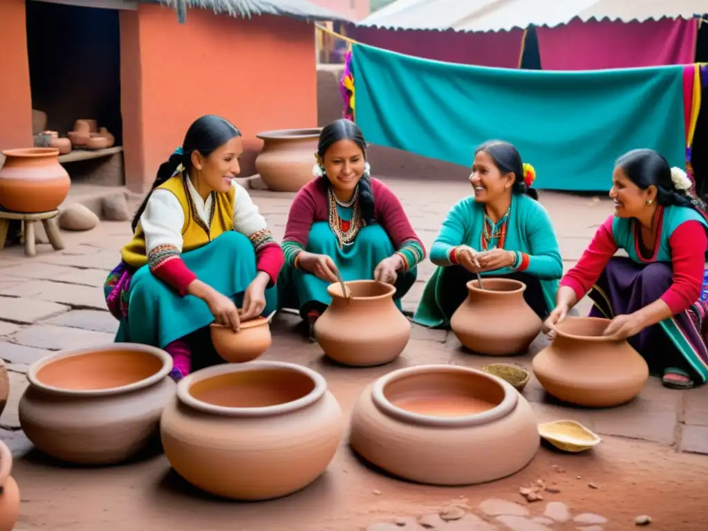 Elaboración de chicha Andina en feria, mujeres vestidas tradicionalmente, ambiente festivo y colorido