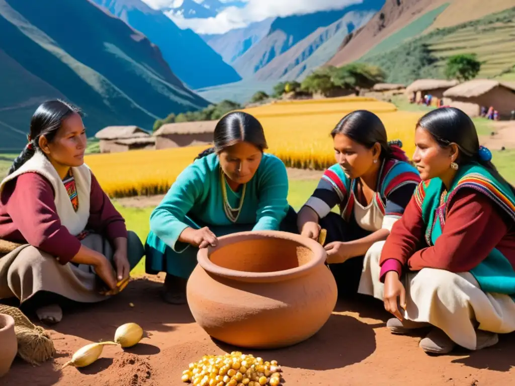 Elaboración de chicha andina en festividades incas, mujeres indígenas trabajando con maíz y frutas en paisaje andino vibrante