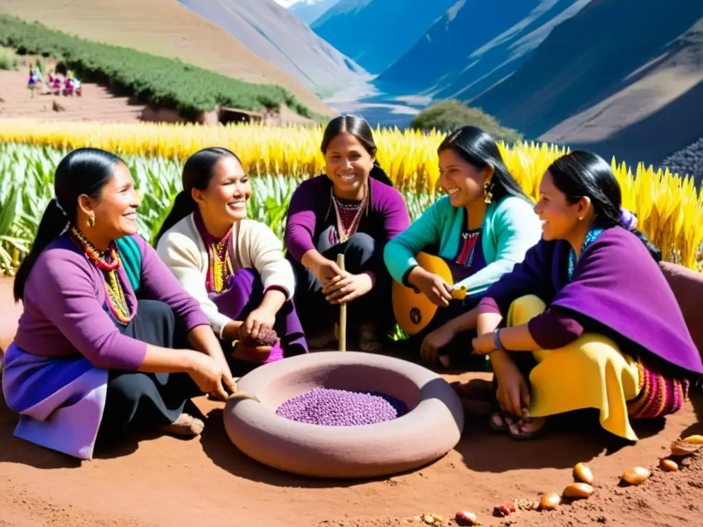 Elaboración de chicha andina en festividades incaicas: mujeres indígenas moliendo maíz morado en ambiente tradicional y colorido