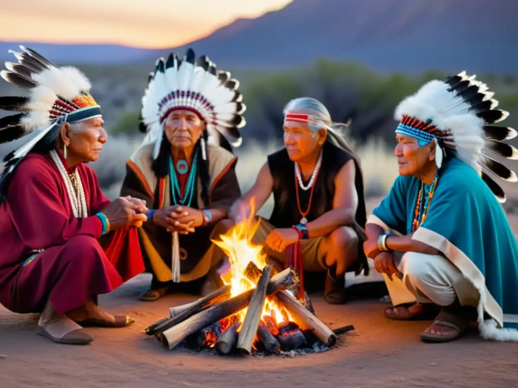 Elders nativos americanos realizando un ritual de Año Nuevo alrededor del fuego, con atuendos tradicionales y una atmósfera mística