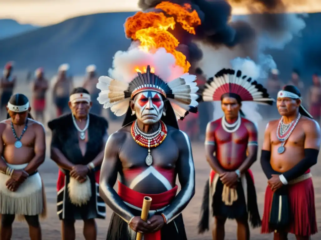 Elders participando en rituales de guerra y paz ancestrales alrededor de una fogata, con expresiones de solemnidad y sabiduría