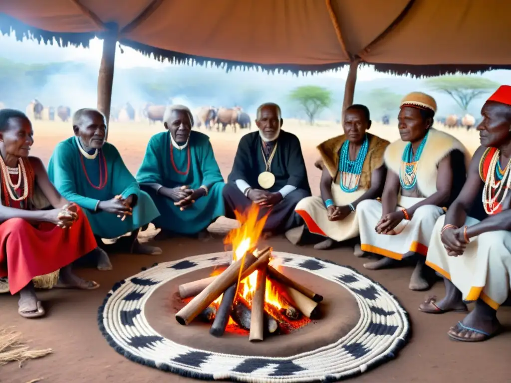 Elders de la tribu Kalenjin realizan rituales ancestrales alrededor del fuego en la sabana africana al atardecer