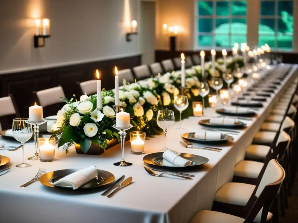 Una elegante mesa de banquete con decoraciones de flores frescas y velas, en un evento de Ritual de celebración corporativa anual