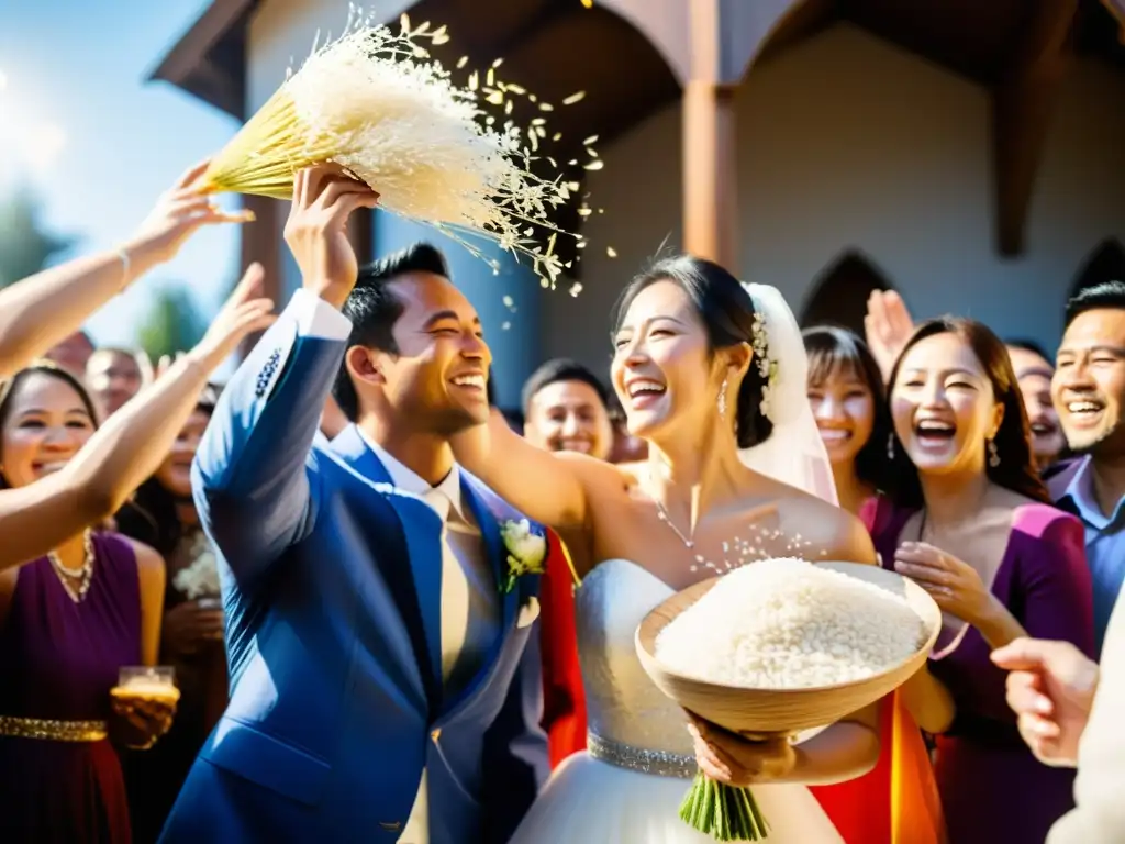 Emocionante tradición de arroz en salidas de boda, capturando la alegría y colorido en una escena documental