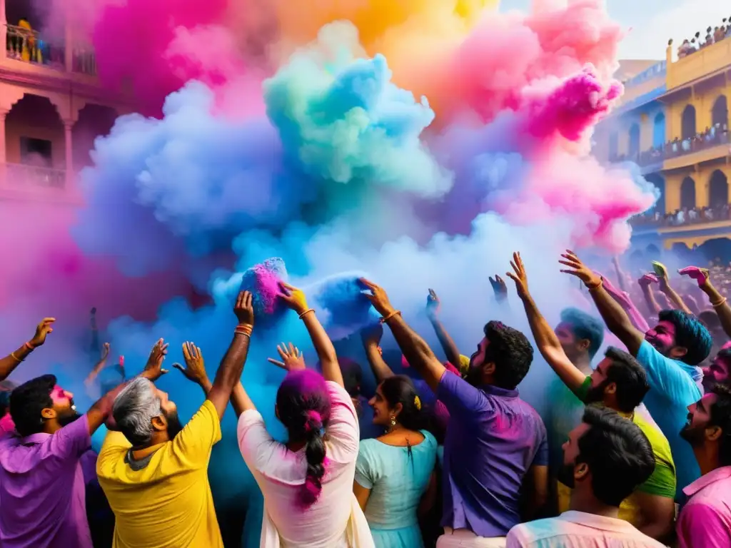 Emocionante celebración del Festival Holi en la India, con colores vibrantes y alegría en el aire