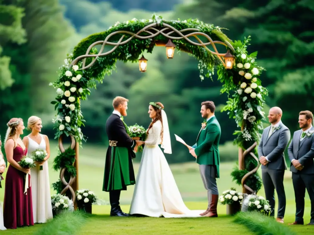 Una emotiva boda celta en un claro del bosque, rodeada de familia y amigos, con rituales ancestrales y un aura de reverencia