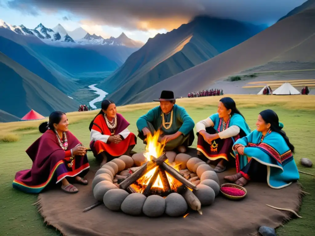 Una emotiva ceremonia andina con indígenas compartiendo recetas rituales indígenas alrededor de una fogata en los majestuosos Andes