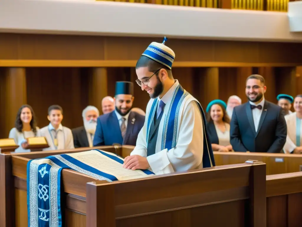 Emotiva ceremonia de Bar Mitzvah en una sinagoga decorada, con el joven leyendo la Torá y familiares emocionados