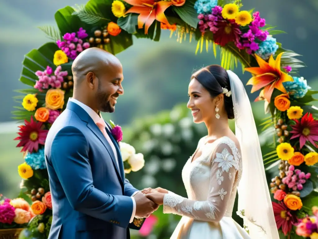 Una emotiva ceremonia de boda con intercambio de votos en un entorno culturalmente diverso