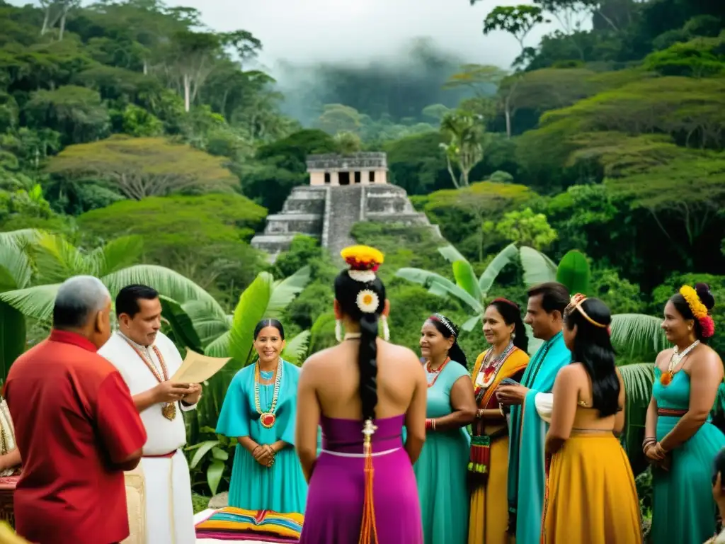 Emotiva ceremonia de boda maya en la selva con rituales ancestrales y coloridos atuendos tradicionales