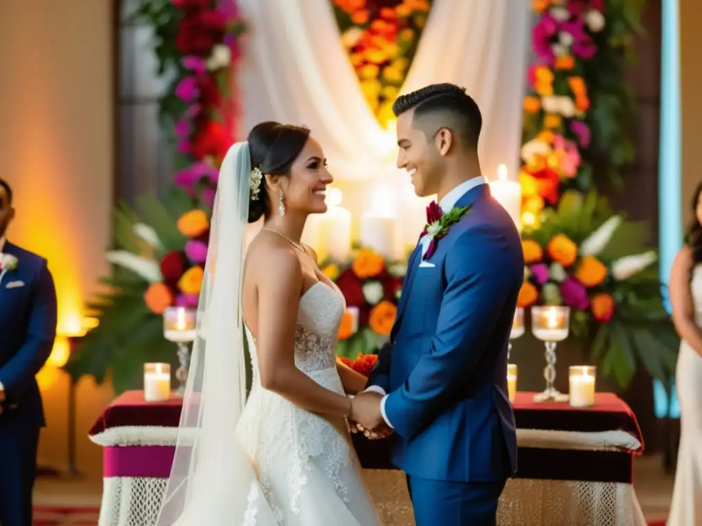 Emotiva ceremonia de bodas latinoamericanas con novios intercambiando votos ante un altar decorado con flores vibrantes y un tapiz colorido de fondo